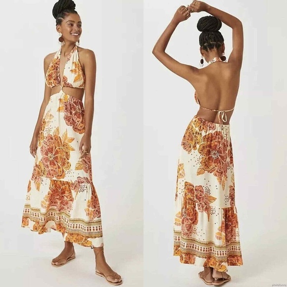 Farm Rio Anthropologie Halter Dress XL Halter Cut Out Boho Resort Floral Brown